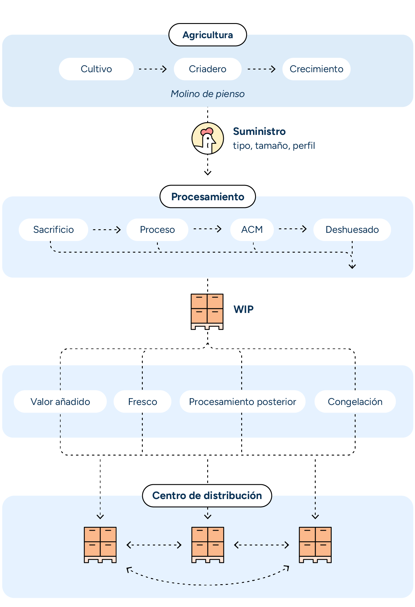 Un diagrama que detalla los pasos de la cadena de suministro avícola, desde la etapa agrícola hasta los centros de distribución, pasando por el procesamiento.