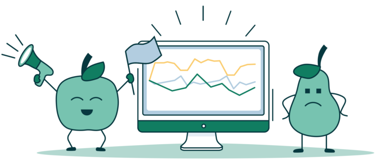 Illustration of an apple and a pear standing next to a computer.