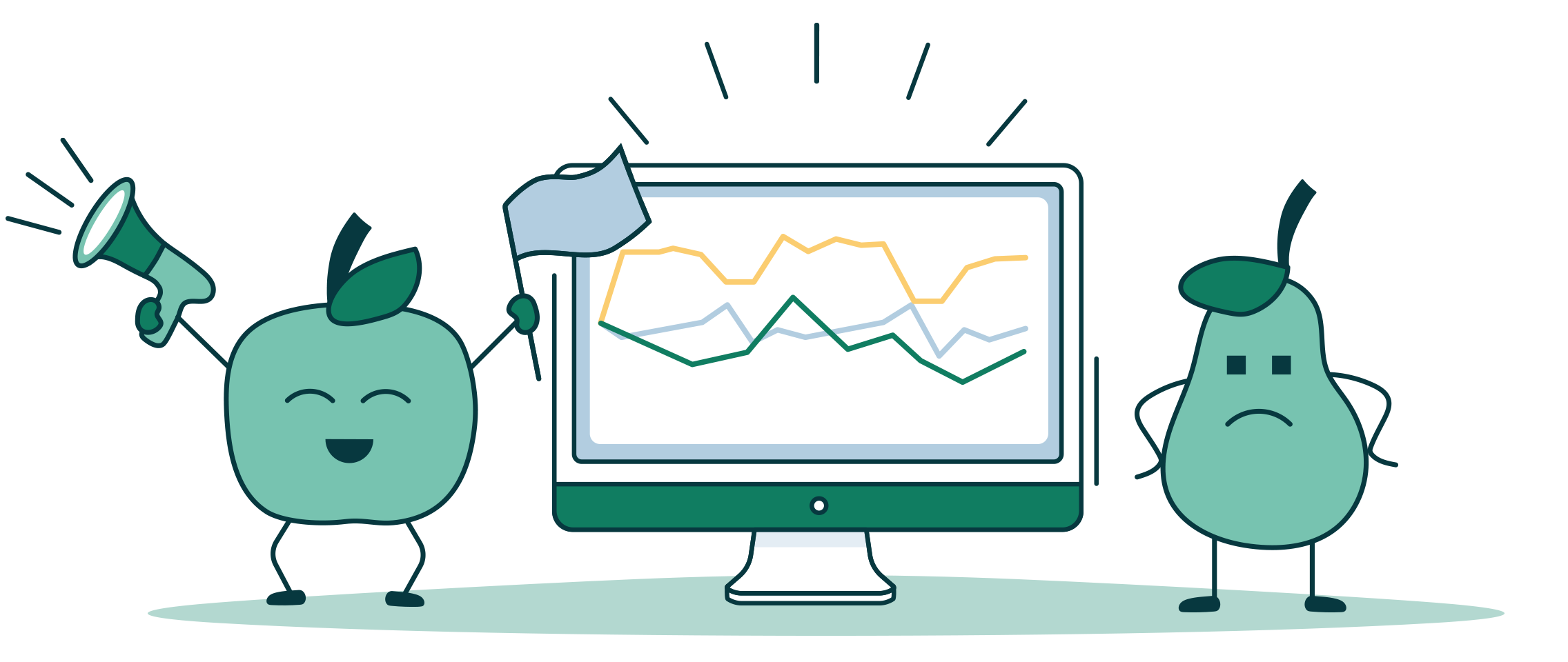 Illustration of an apple and a pear standing next to a computer.