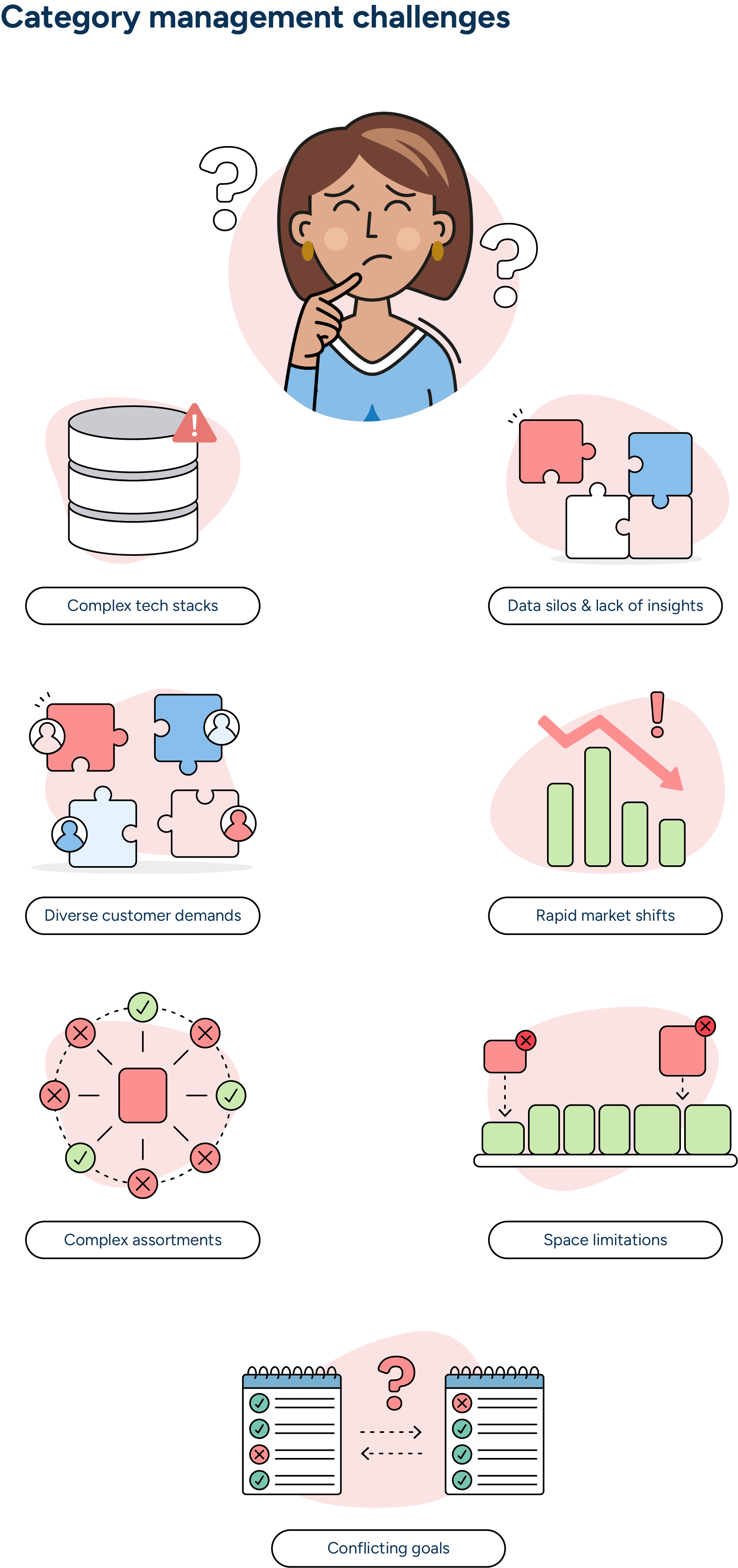 Technical limitations, space requirements, data issues, and conflicting objectives underlie many category management challenges.