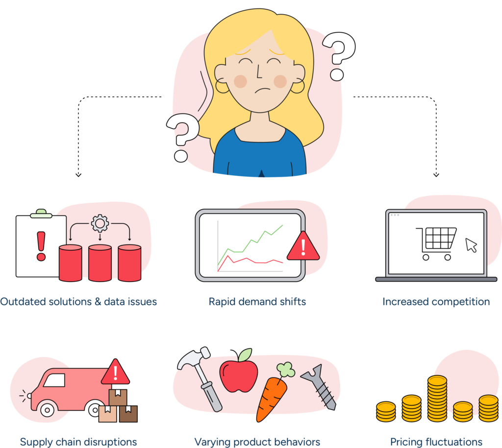 A concerned inventory analyst surveys the challenges of optimizing inventory: data issues, demand shifts, competition, disruptions, varying product behaviors, and pricing fluctuations.